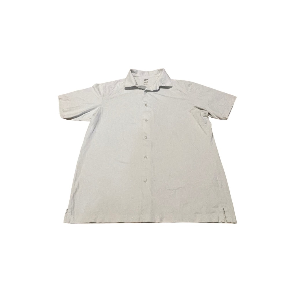 Uniqlo Airism Mens Medium White Short Sleeve Button Down Polo Shirt 341-467039